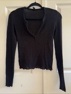 UO Black Ribbed Henley V-Neck Lightweight Sweater